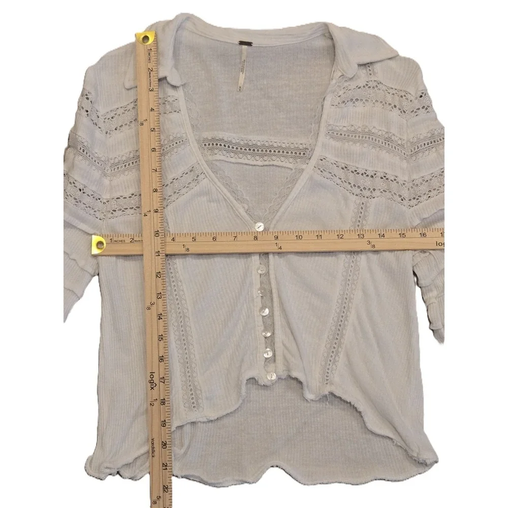 Free People White Lace Detail Collared Knit Cropped Cardigan Shirt M